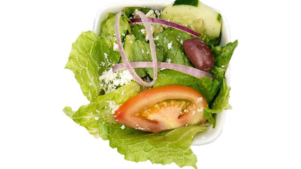 Side Greek Salad · Side salad with romaine lettuce, fresh tomato, feta cheese, Kalamata olive, cucumber and red onion. Vegetarian.