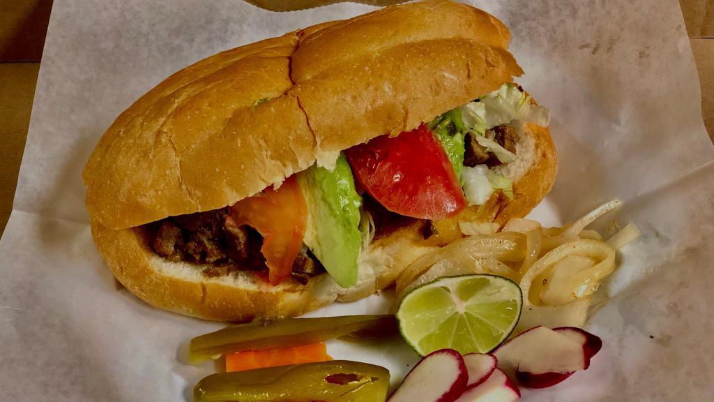 Torta (Sandwich) · Beans, lettuce, tomato, avocado, jalapeños, and any meat of your choice