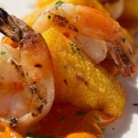 Char-Grilled Shrimp, Tomato Polenta Grit Cake & Tasso Aioli · over polenta, with tasso aioli