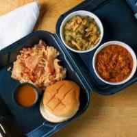 Pulled Chicken Bbq Plate · Served with a bun and two sides.