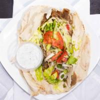 Gyro · A mix of ground beef and ground  lamb meat blended with secret seasonings, topped with tzatz...