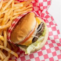 Angus Cheeseburger · Thick and juicy with lettuce, tomato onions, pickle and mayo.