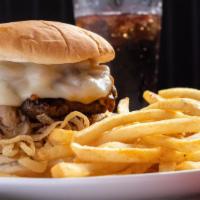 The Chex Burger · Served with sautéed mushrooms, fried onion strings, provolone and mayo.