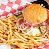 Grilled Chicken Sandwich · Served with mayo, lettuce, tomato, red onions and pickles.