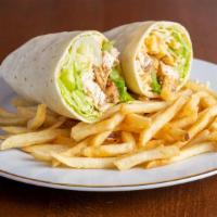 Greek Chicken Wrap · Grilled chicken, lettuce, tomatoes, red onions, cucumbers, black olives, feta cheese, Greek ...