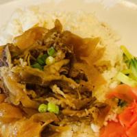 Gyudon Beef Bowl · Japanese dish consisting of a bowl of rice topped with beef and onion simmered in a mildly s...