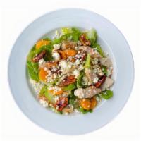 Raspberry Pecan Chicken Salad. · Fresh green lettuce mix with grilled chicken, chopped pecans, mandarin oranges and crumbled ...