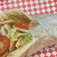 Chicken Gyro Sandwich · Comes with lettuce, tomatoes, onions, and cucumber sauce on pita.