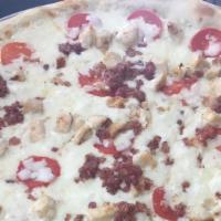 Chicken Bacon Ranch 14 Inch · Mozzerrella cheese, grilled chicken, fresh tomatos, bacon drizzled with ranch