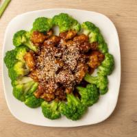 Sesame Chicken · Chicken chunk deep fried with broccoli in our special sauce. Served with white rice.