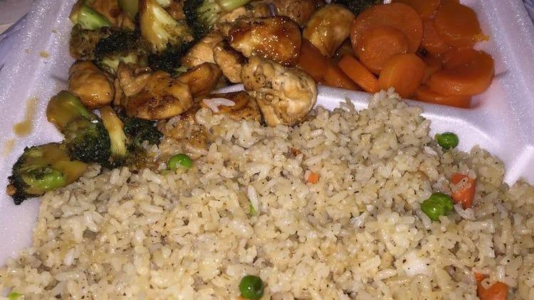 Teriyaki Chicken With Broccoli · Include sweet carrots, fried rice and shrimp sauce.