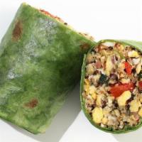 Breakfast Wrap · two eggs scrambled with choice of two veggies, golden quinoa, cheese, bacon, wrapped in a sp...