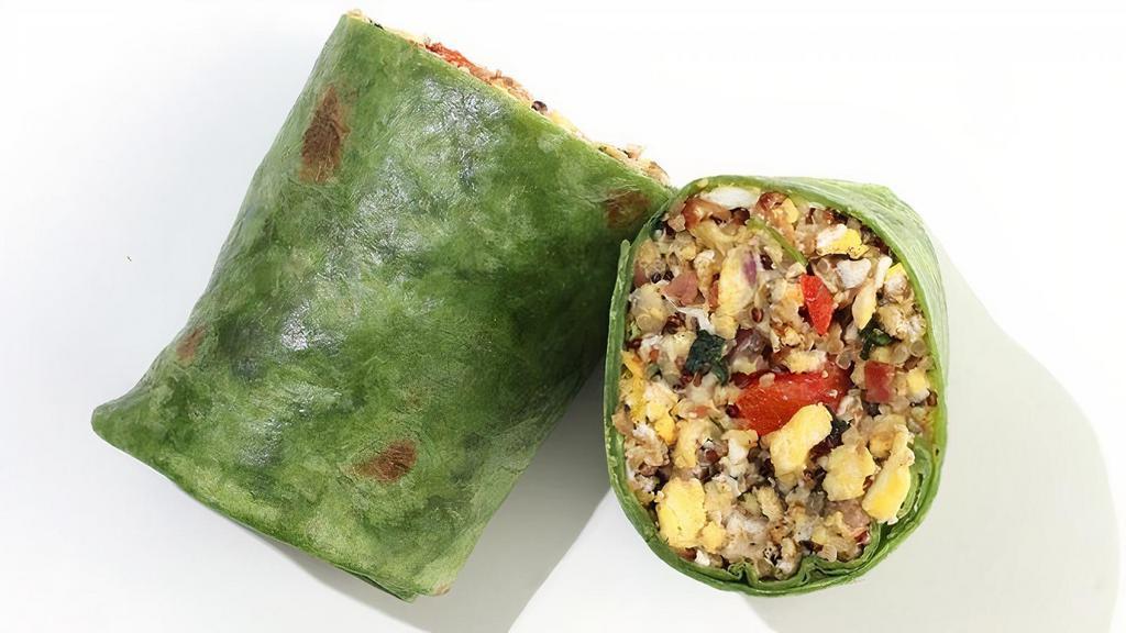 Breakfast Wrap · two eggs scrambled with choice of two veggies, golden quinoa, cheese, bacon, wrapped in a spinach tortilla