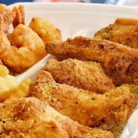 Wing And Shrimp Basket · 5 wings, 5 fried shrimp, fries