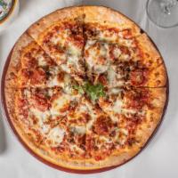 Pizza Arrabiata · Caramelized onion and crushed red pepper, Italian sausage, tomato, garlic, and pecorino chee...