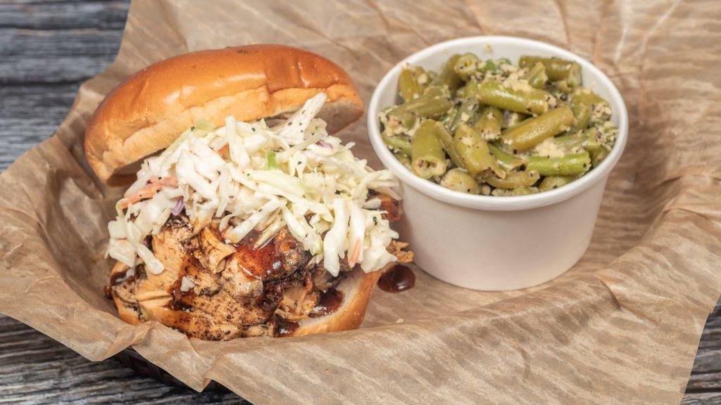 Pulled Chicken Sandwich · 1/3 lb pulled chicken served on a Kaiser bun with Chumpy's BBQ Sauce and topped with Coleslaw (choice of slaw on side or no slaw) (choice of side: regular or BBQ chips).