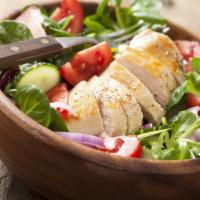 Chicken Spinach Salad · Grilled chicken breast, tomatoes, bell peppers, red onions, and mozzarella over spinach and ...