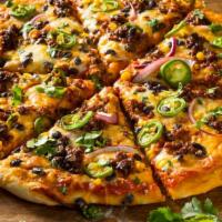 Mexican Pizza · Beef, jalapeños, tomatoes, and onions with parmesan, cheddar, and mozzarella cheese on a fre...