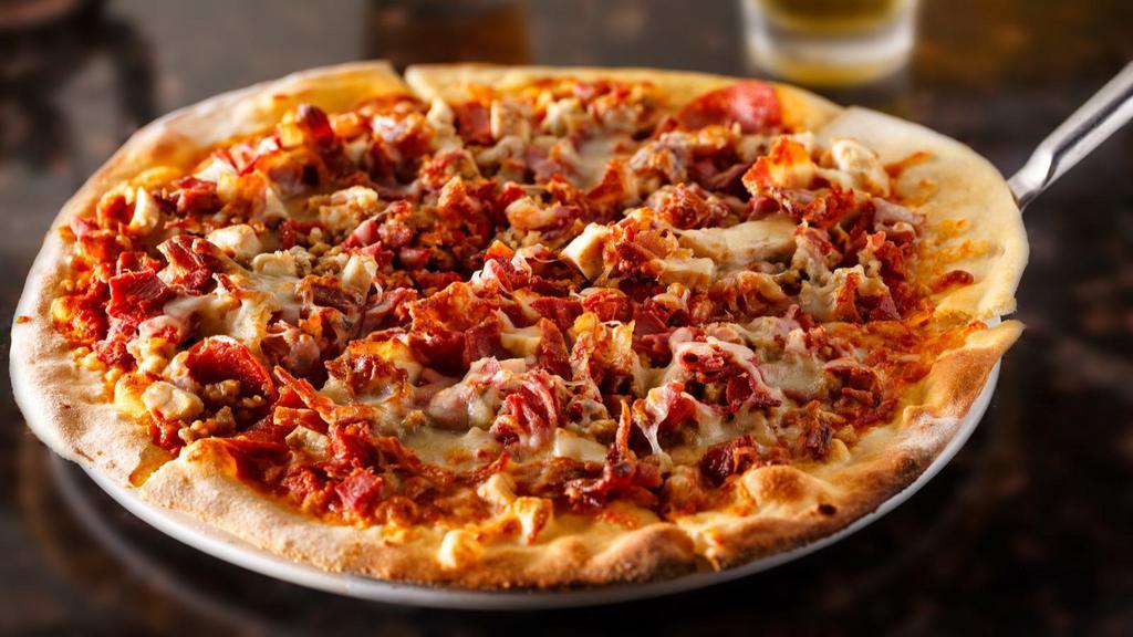 Meat Lover'S Pizza (Gluten Free) · Pepperoni, sausage, bacon, beef, and ham, served on a fresh made pizza.