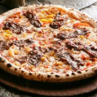 Philly Cheese Steak Pizza (Gluten Free) · Thinly sliced steak, mushrooms, red onions, and bell pepper on a fresh baked pizza.