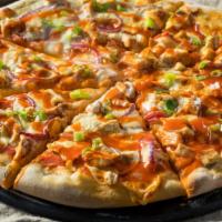Buffalo Chicken Pizza (Gluten Free) · Grilled chicken, jalapeños, and tangy buffalo sauce on a fresh baked pizza.