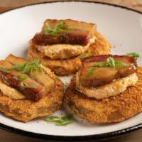 Fried Green Tomato Stacks · Old Bay dusted fried green tomatoes, house-made pimento cheese, spicy glazed pork belly, sca...