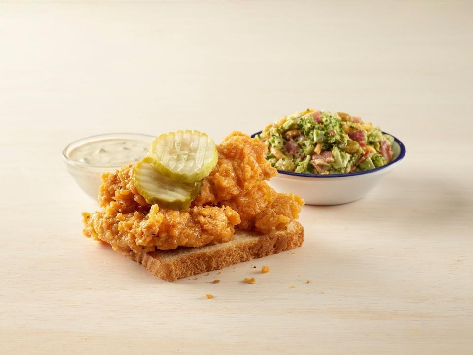 3 Tenders Classic Fried · Three Crispy Chicken Tenders, Served with One Side, One Dipping Sauce, White Bread, & Pickles.