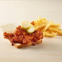 3 Tenders Xhot · Three Crispy Chicken Tenders, Served with One Side, One Dipping Sauce, White Bread, & Pickles.