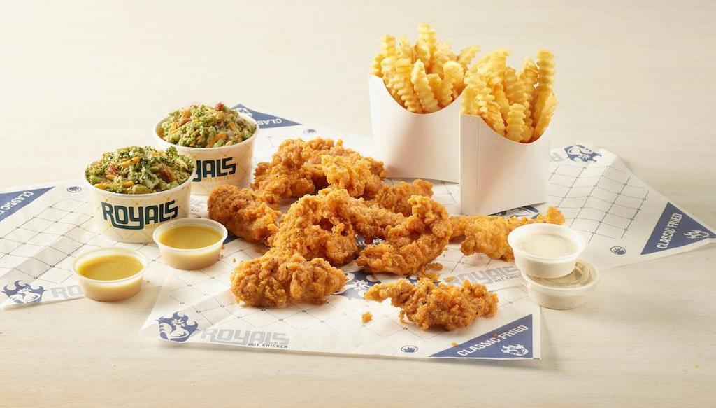 Family Pack - 15 Tenders, 4 Sides, 4 Dipping Sauces · Our Royals Hot Chicken Family Pack is designed to feed 3-5 people. It includes 15 of our crispy, hand breaded tenders served Classic Fried or with your Nashville Hot heat level along with 4 Dipping Sauces, and 4 Sides.