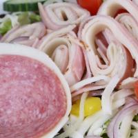 Chef Salad · Genoa salami, ham, turkey and provolone cheese served on a bed of romaine or iceberg blend l...
