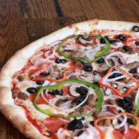 The Worx (10'') · Pepperoni, sausage, beef, ham, mushrooms, onions, bell peppers, and black olives.