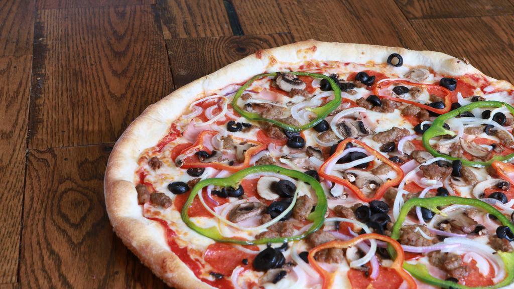 The Worx (24'') · Pepperoni, sausage, beef, ham, mushrooms, onions, bell peppers, and black olives.