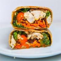 The Buffalo · Grilled chicken, tomatoes, carrots, cheddar cheese with spicy buffalo in a flour tortilla.