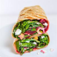 Sweet Beet · Chickpeas, beet, red onion, goat cheese, spinach with balsamic vinaigrette in a flour tortil...