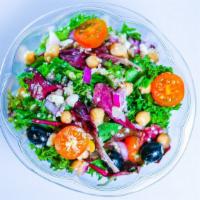 Greek Goddess · Quinoa, chickpeas, olives, tomatoes, red onions, feta cheese, house mix with Herb Vinaigrette.