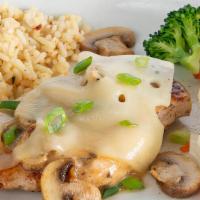 Mushroom Swiss Chicken · Grilled chicken breast brushed with garlic Parmesan sauce, then topped with sautéed mushroom...