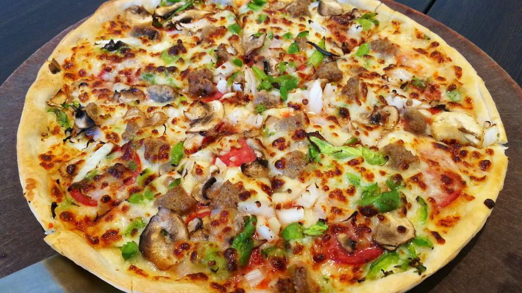 Supreme Pizza · Delicious pizza with pepperoni, sausage, onions, mushrooms and green peppers.