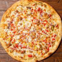 Chicken Ranch Pizza · Delicious pizza with chicken, green peppers, onion, tomato over ranch sauce.