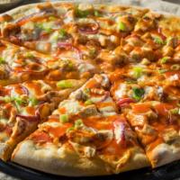 Buffalo Chicken Pizza · Delicious pizza with buffalo sauce, jalapeño and chicken.