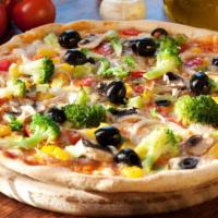 Veggie Pizza · Delicious pizza with black olives, bell peppers, red onion, mushrooms and tomatoes.