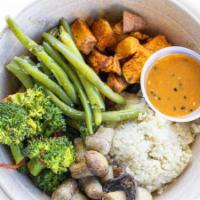 Vegan Veggie Bowl · Cauliflower rice, sesame ginger broccoli, garlicky cilantro green beans, roasted sweet potat...