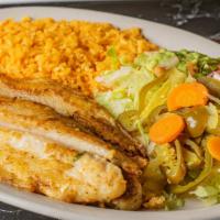 Los Filetes · Your choice of two fried or grilled fish fillets. served with rice, fresh guacamole salad an...