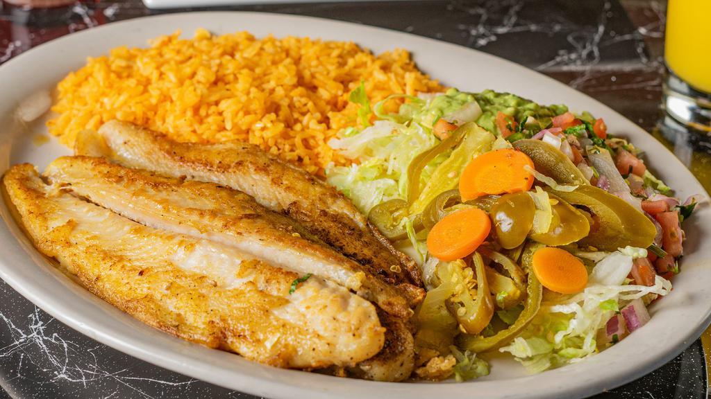 Los Filetes · Your choice of two fried or grilled fish fillets. served with rice, fresh guacamole salad and. pico de gallo.
