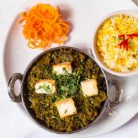 Palak Paneer · Vegetarian. Gluten free. Fresh homemade Indian cheese cooked in delicious spinach, herbs, an...