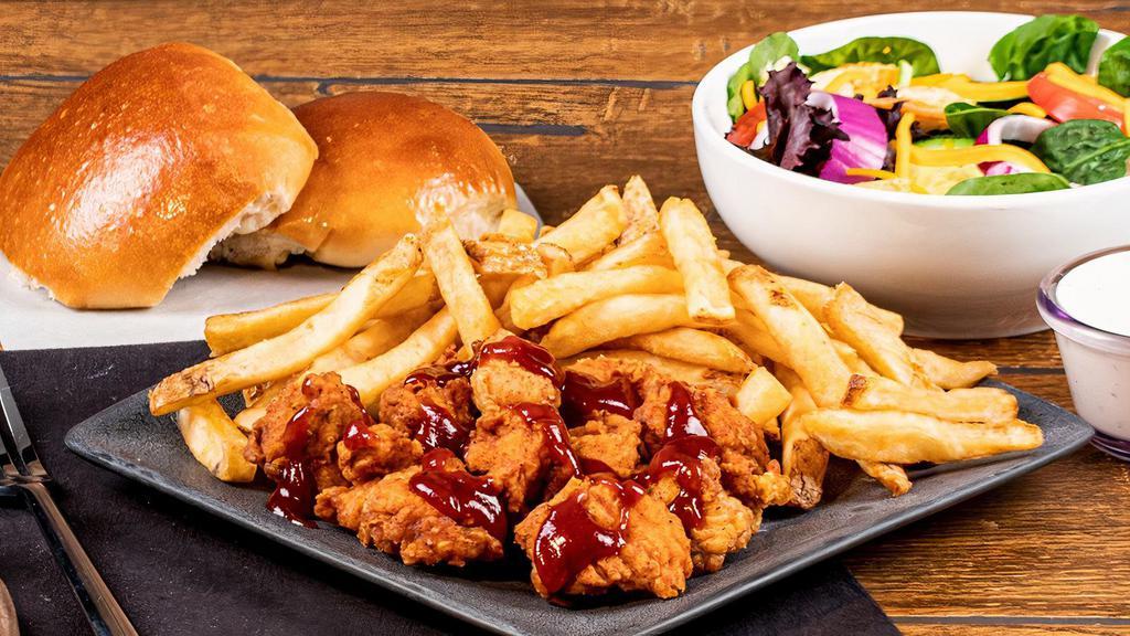 Popcorn Chicken · Bite-size pieces of chicken breaded, fried, and tossed in your favorite sauce. Served with choice of two sides. (hot, mild, teriyaki, BBQ).