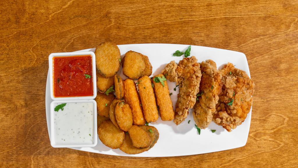 Anna'S Sampler · Chicken tenders, fried zucchini, fried mozzarella served with marinara sauce and ranch dressing.