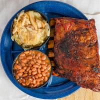 Family Take Home Ribs For 3 · Includes one and 1/2 Racks of our famous St. Louis Style Ribs (dry rub), 2 dozen Hush puppie...