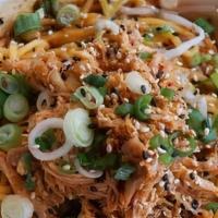 Shredded Chicken Chili Noodles · Egg noodles with CHILLED 5-spice chicken, bean sprouts, scallions, and sesame seeds