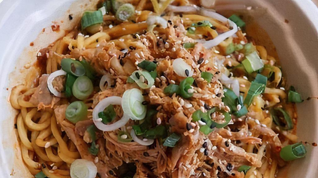 Shredded Chicken Chili Noodles · Egg noodles with CHILLED 5-spice chicken, bean sprouts, scallions, and sesame seeds