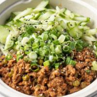 Sichuan Pork · Flour noodles with seasoned ground pork fresh cucumbers and Sichuan spices